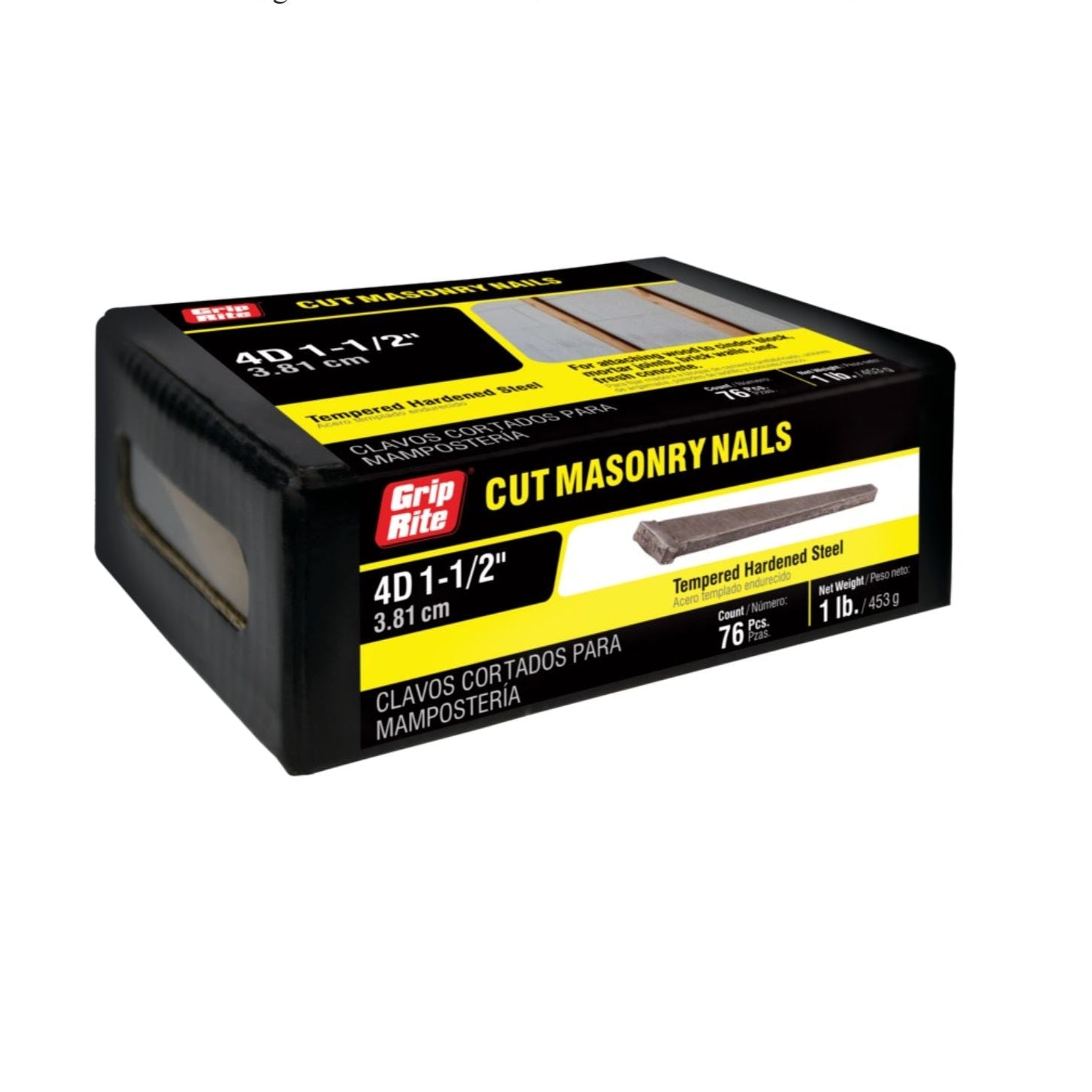 Grip-Rites 1 lb. box of 4CUTMAS1 1-1/2 in. 4D tempered hardened steel cut masonry nails (76/pack) is ideal for fastening hardwood flooring to concrete subfloors, with Spanish-labeled packaging and an image showing nails crafted for excellent masonry use.